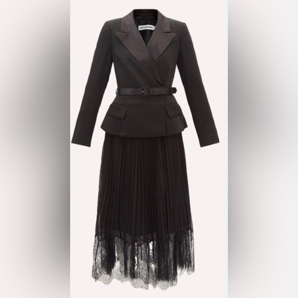 Self-Portrait Black Tailored Crepe & Chiffon Midi Dress US Size 8